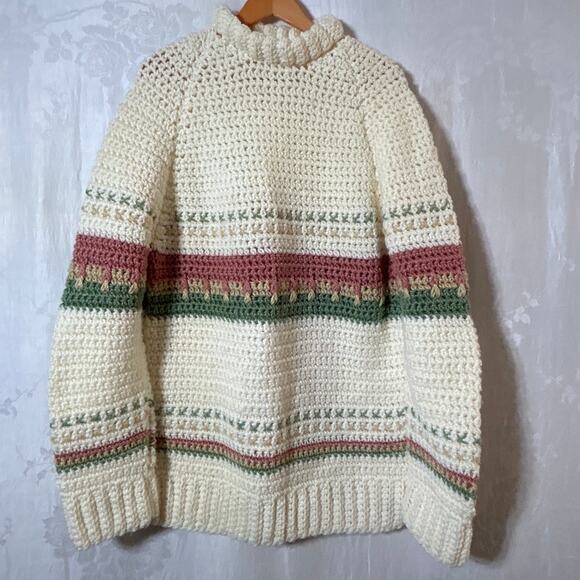 Handmade Sweater Knit Large Cream Mauve Green Striped Cozy Ski Long High Neck - Picture 1 of 8